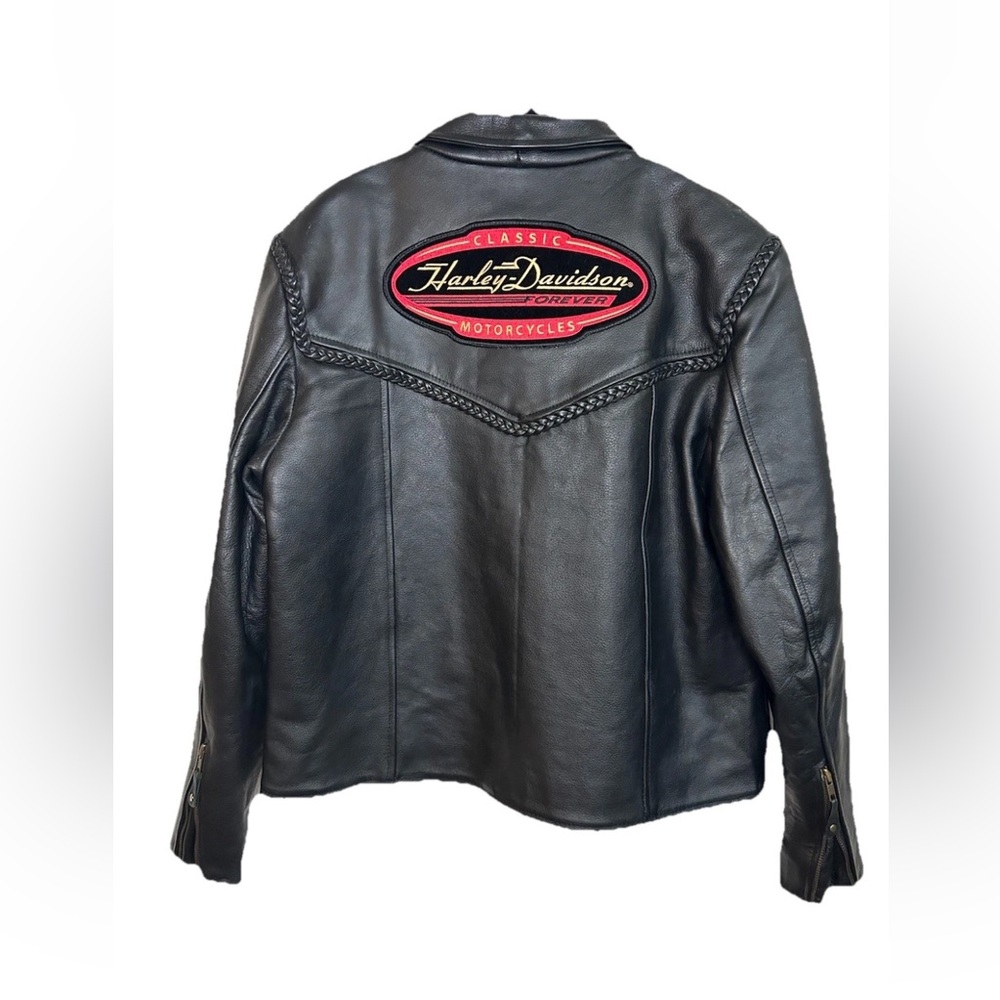 Womens VTG Harley Davidson Motorcycle Jacket Black Braided Leather Patchwork M